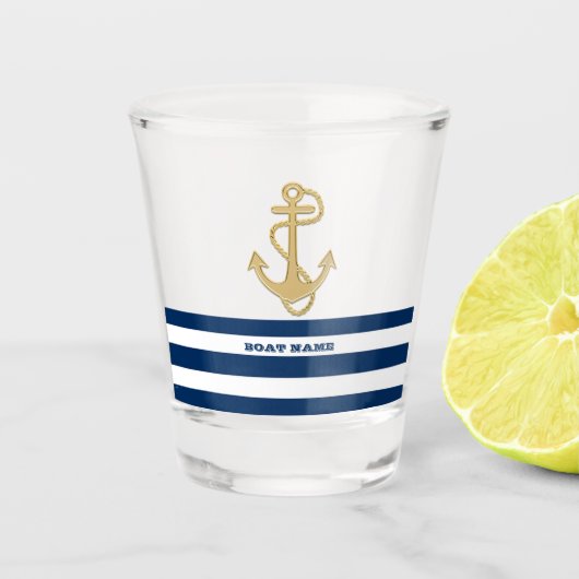 Nautical, Gold Anchor Navy Blue White Stripes Shot Glas (Voorkant)