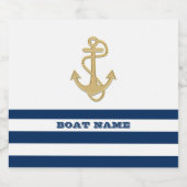 Nautical, Gold Anchor Navy Blue White Stripes Sparkling Wijnetiket (Enkel label)