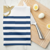 Nautical, Gold Anchor Navy Blue White Stripes Theedoek (Quarter Fold)