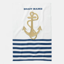 Nautical, Gold Anchor Navy Blue White Stripes