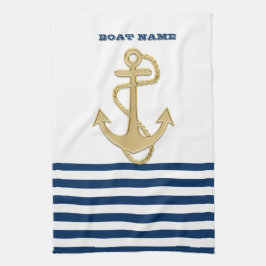 Nautical, Gold Anchor Navy Blue White Stripes Theedoek