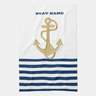 Nautical, Gold Anchor Navy Blue White Stripes Theedoek