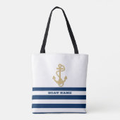 Nautical, Gold Anchor Navy Blue White Stripes Tote Bag (Achterkant)