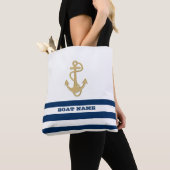 Nautical, Gold Anchor Navy Blue White Stripes Tote Bag (Dichtbij)