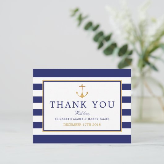 Nautical Gold Anchor, Navy & Gold Hartelijk dank Briefkaart (Staand voorkant)