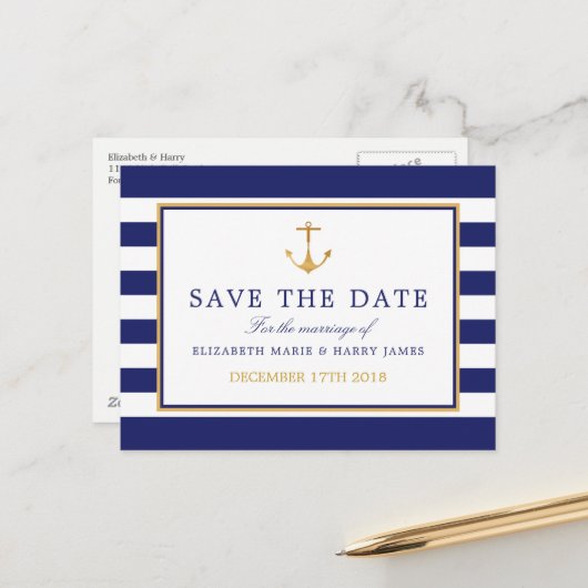 Nautical Gold Anchor, Navy & Gold Save The Date Aankondigingskaart (Voorkant / Achterkant in situ)