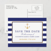 Nautical Gold Anchor, Navy & Gold Save The Date Aankondigingskaart (Voorkant / Achterkant)