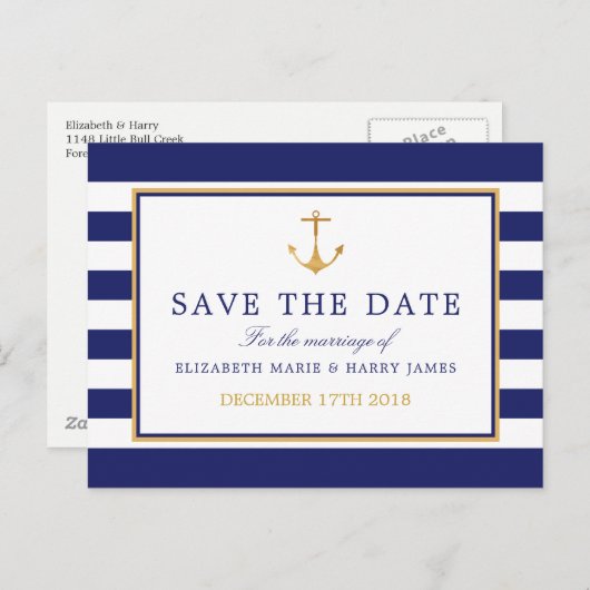 Nautical Gold Anchor, Navy & Gold Save The Date Aankondigingskaart (Voorkant / Achterkant)