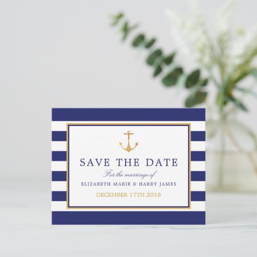 Nautical Gold Anchor, Navy & Gold Save The Date Aankondigingskaart (Staand voorkant)