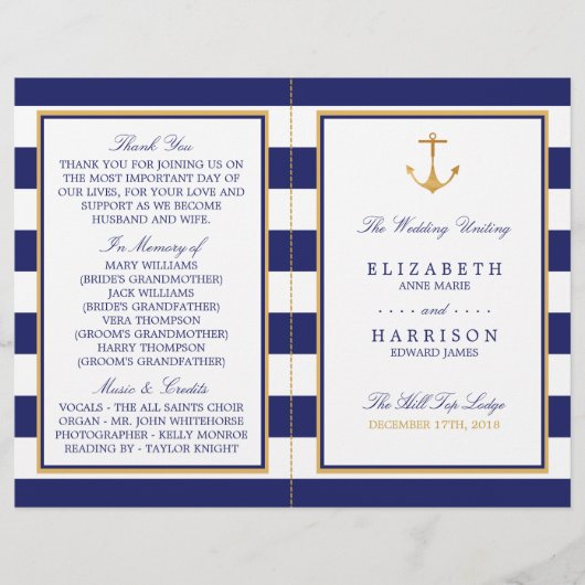 Nautical Gold Anchor, Navy/Gold Wedding Program (Voorkant)