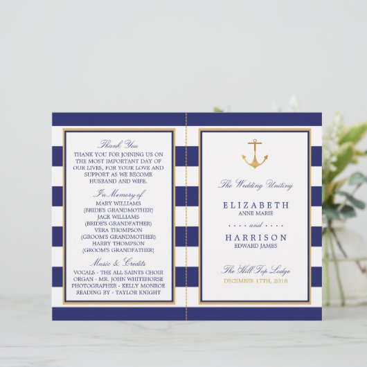 Nautical Gold Anchor, Navy/Gold Wedding Program (Staand voorkant)