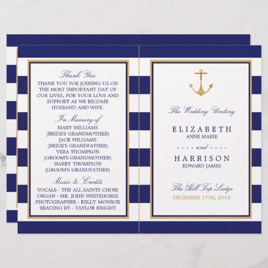 Nautical Gold Anchor, Navy/Gold Wedding Program (Voorkant / Achterkant)