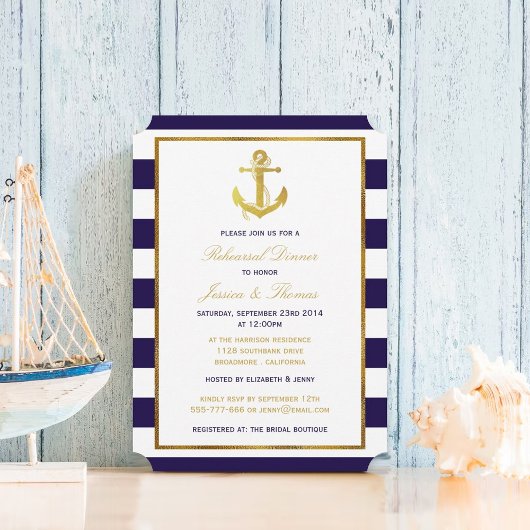 Nautical Gold Anchor Navy Stripe Rehearsal Dinner Kaart