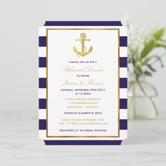 Nautical Gold Anchor Navy Stripe Rehearsal Dinner Kaart (Staand voorkant)