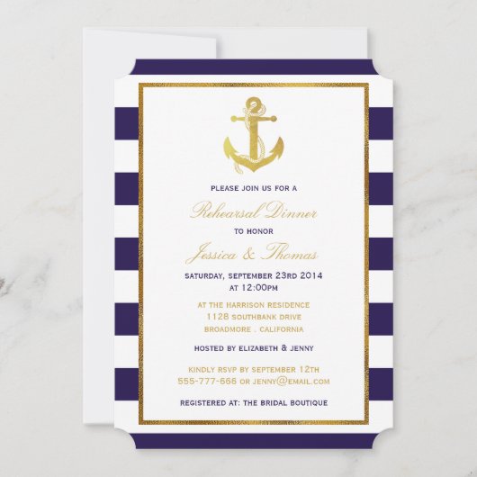 Nautical Gold Anchor Navy Stripe Rehearsal Dinner Kaart (Voorkant)