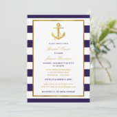 Nautical Gold Anchor Navy Stripe Vrijgezellenfeest Kaart (Staand voorkant)