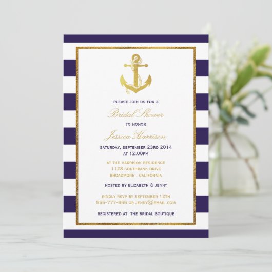 Nautical Gold Anchor Navy Stripe Vrijgezellenfeest Kaart (Staand voorkant)