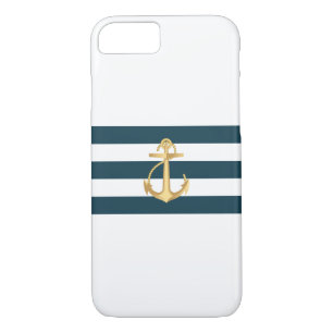 Nautical Gold Anchor Navy Stripes iPhone 7 hoesje