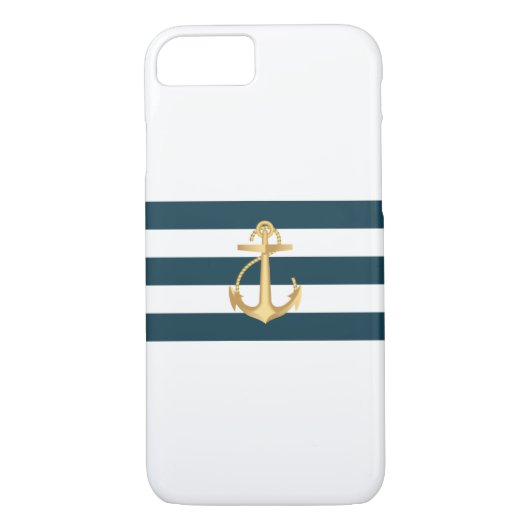 Nautical Gold Anchor Navy Stripes iPhone 7 hoesje (Achterkant)