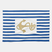 Nautical Gold Anchor op Blue Stripes Hand of Theedoek (Horizontaal)