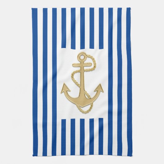 Nautical Gold Anchor op Blue Stripes Hand of Theedoek (Verticaal)