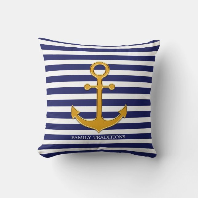 Nautical Gold Anchor op Blue & White Striped Kussen (Voorkant)