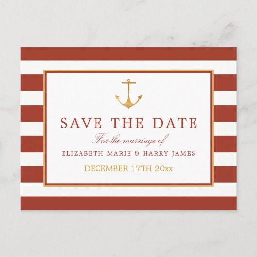 Nautical Gold Anchor, Red Brick bewaar de datum Aankondigingskaart (Voorkant)