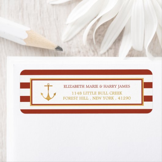 Nautical Gold Anchor, Red Brick & Gold Wedding Etiket (Insitu)
