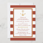 Nautical Gold Anchor, Red Brick & Gold Wedding Kaart (Voorkant)