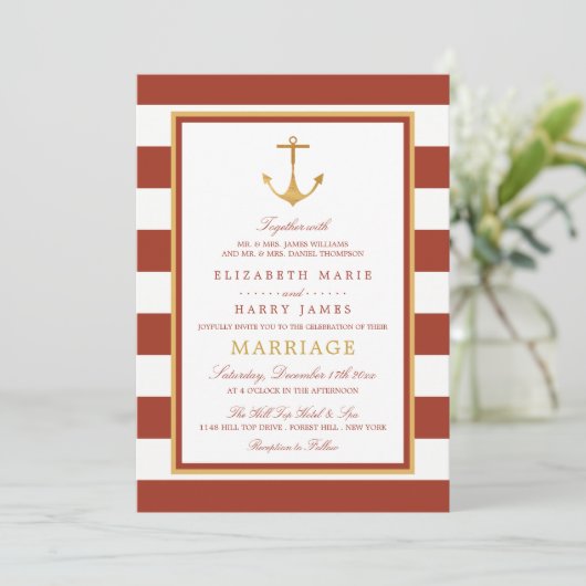 Nautical Gold Anchor, Red Brick & Gold Wedding Kaart (Staand voorkant)
