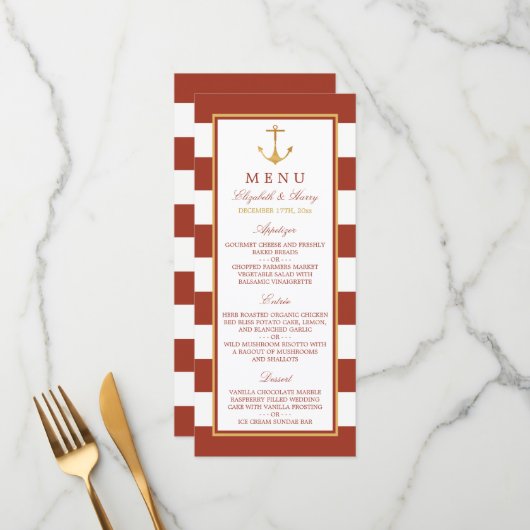 Nautical Gold Anchor, Red Brick & Gold Wedding Menu (Voorkant / Achterkant in situ)