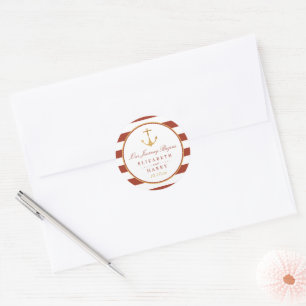 Nautical Gold Anchor, Red Brick & Gold Wedding Ronde Sticker