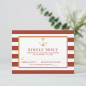 Nautical Gold Anchor, Red Brick & Gold Wedding RSVP Kaartje (Staand voorkant)