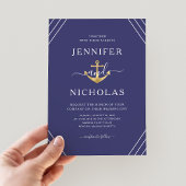 Nautical Gold Anchor Stripes Navy Blue Wedding Kaart