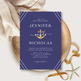 Nautical Gold Anchor Stripes Navy Blue Wedding Kaart