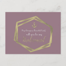Nautical Gold Anchor Violet be My Bridesmaid Kaart