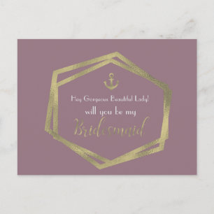 Nautical Gold Anchor Violet be My Bridesmaid Kaart
