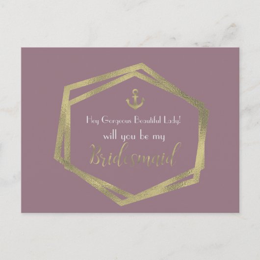 Nautical Gold Anchor Violet be My Bridesmaid Kaart (Voorkant)