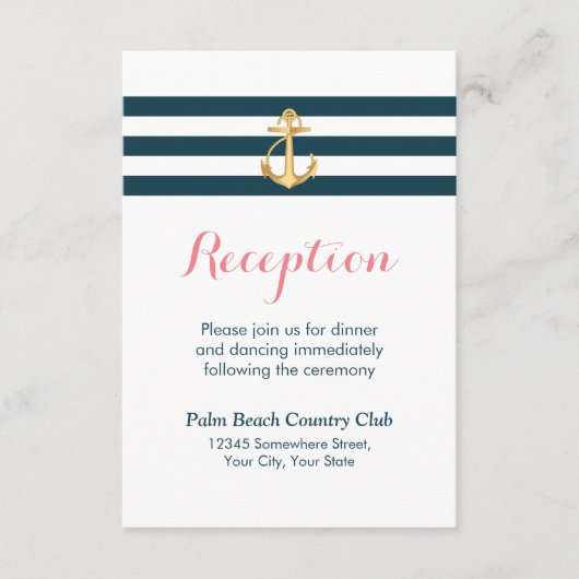 Nautical Gold Anchor Wedding Reception Informatiekaartje (Voorkant)