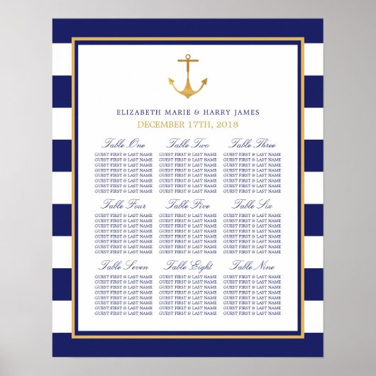  Nautical Gold Anchor Wedding Seating Chart Poster (Voorkant)