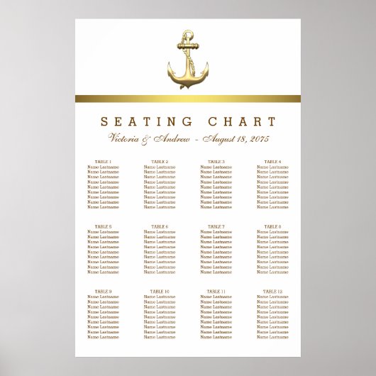 Nautical Gold Anchor Wedding Seating Chart Poster (Voorkant)