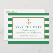 Nautical Gold Anchor, Zee Green Gold Save the Date Aankondigingskaart (Voorkant / Achterkant)