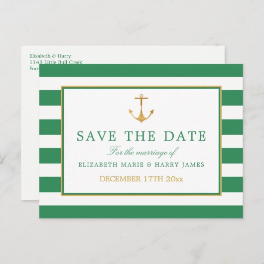 Nautical Gold Anchor, Zee Green Gold Save the Date Aankondigingskaart (Voorkant / Achterkant)