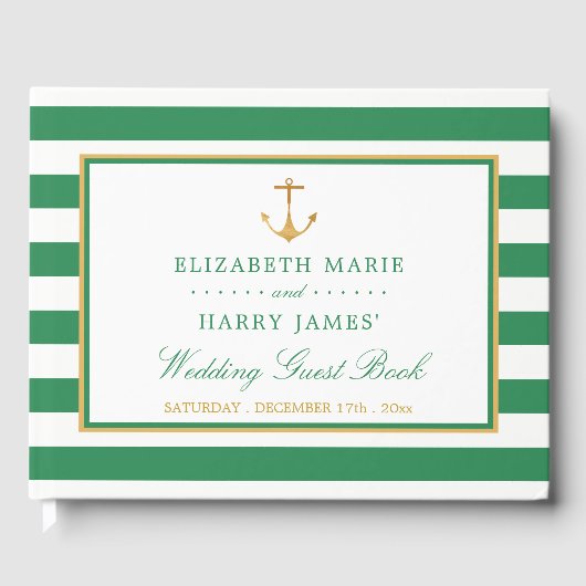 Nautical Gold Anchor, Zee Green & Gold Wedding Gastenboek (Voorkant)