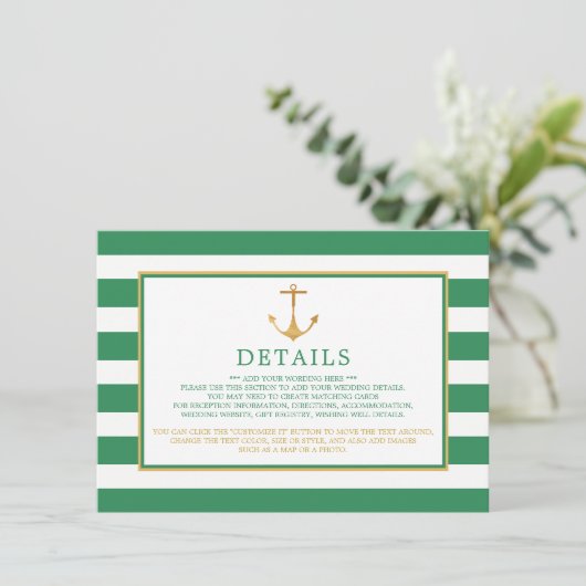 Nautical Gold Anchor, Zee Green Wedding Detail Informatiekaartje (Staand voorkant)