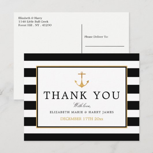 Nautical Gold Anchor, zwart & Gold Hartelijk dank Briefkaart (Voorkant / Achterkant)