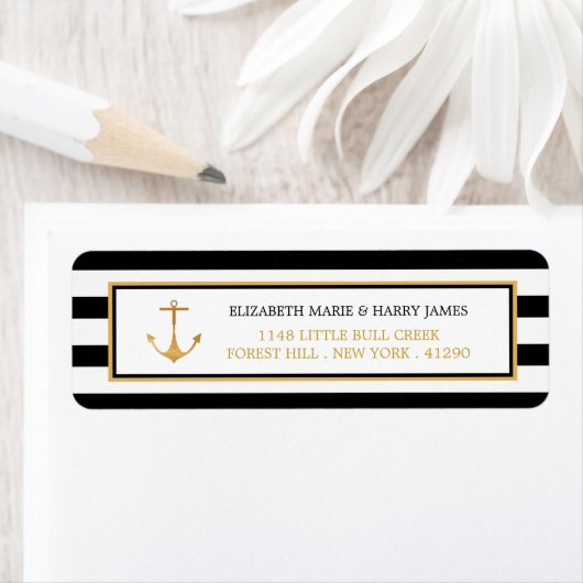 Nautical Gold Anchor, zwart & goudweddenschap Etiket (Insitu)