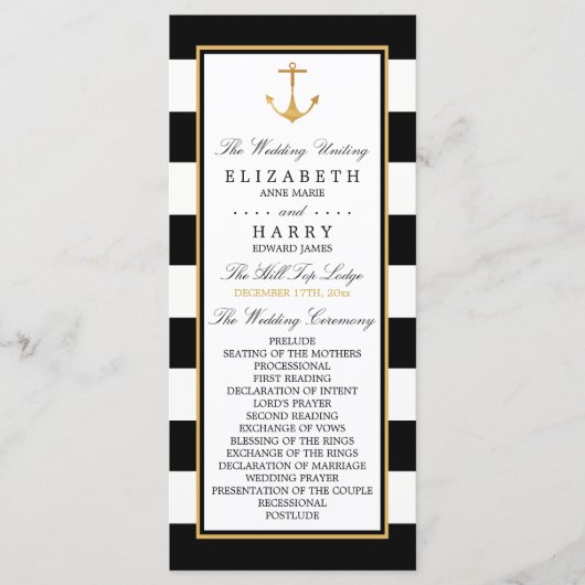 Nautical Gold Anchor, zwart & goudweddenschap Programmakaart (Voorkant)