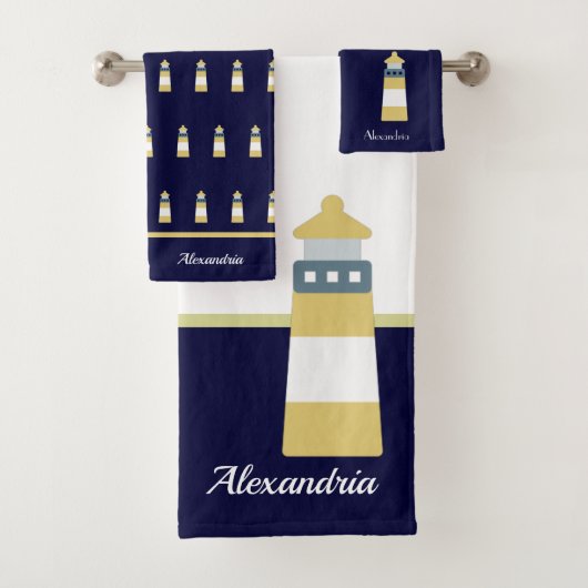 Nautical Gold and marine blue Lighthouse Bad Handdoek (Insitu)