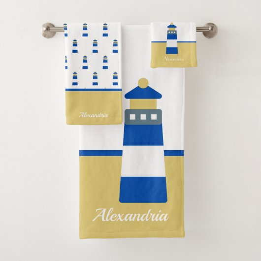 Nautical Gold and marine blue Lighthouse Bath Towe Bad Handdoek (Insitu)
